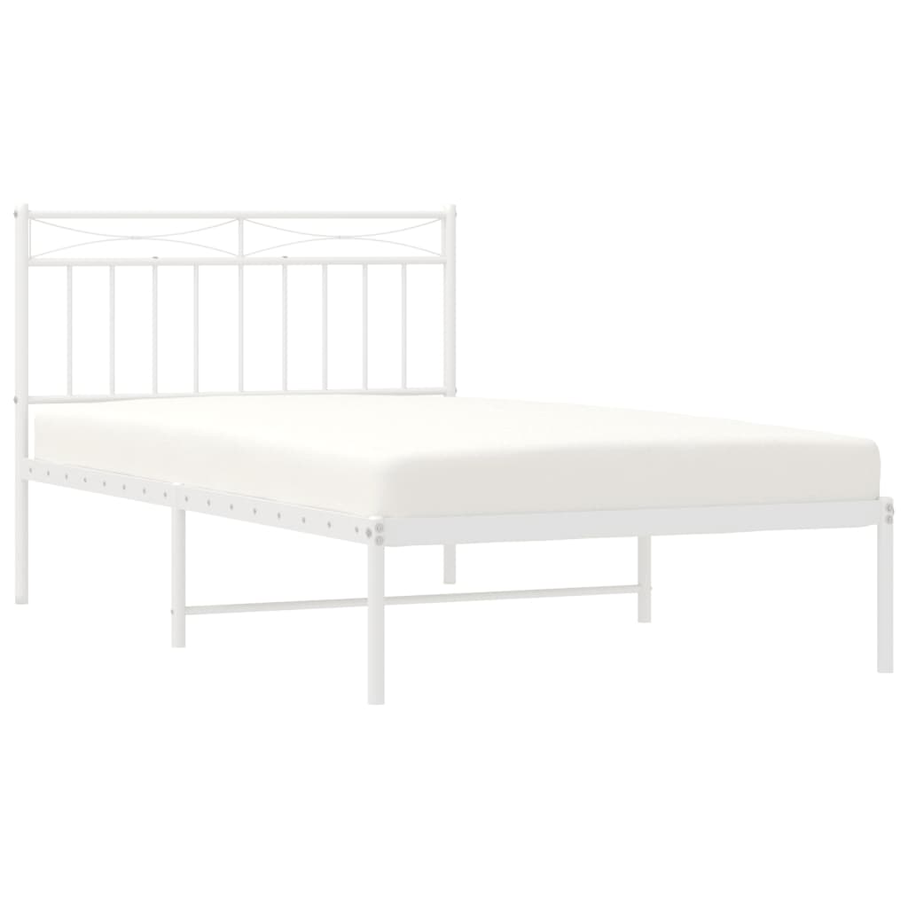 White metal bed frame with a minimalist headboard and mattress