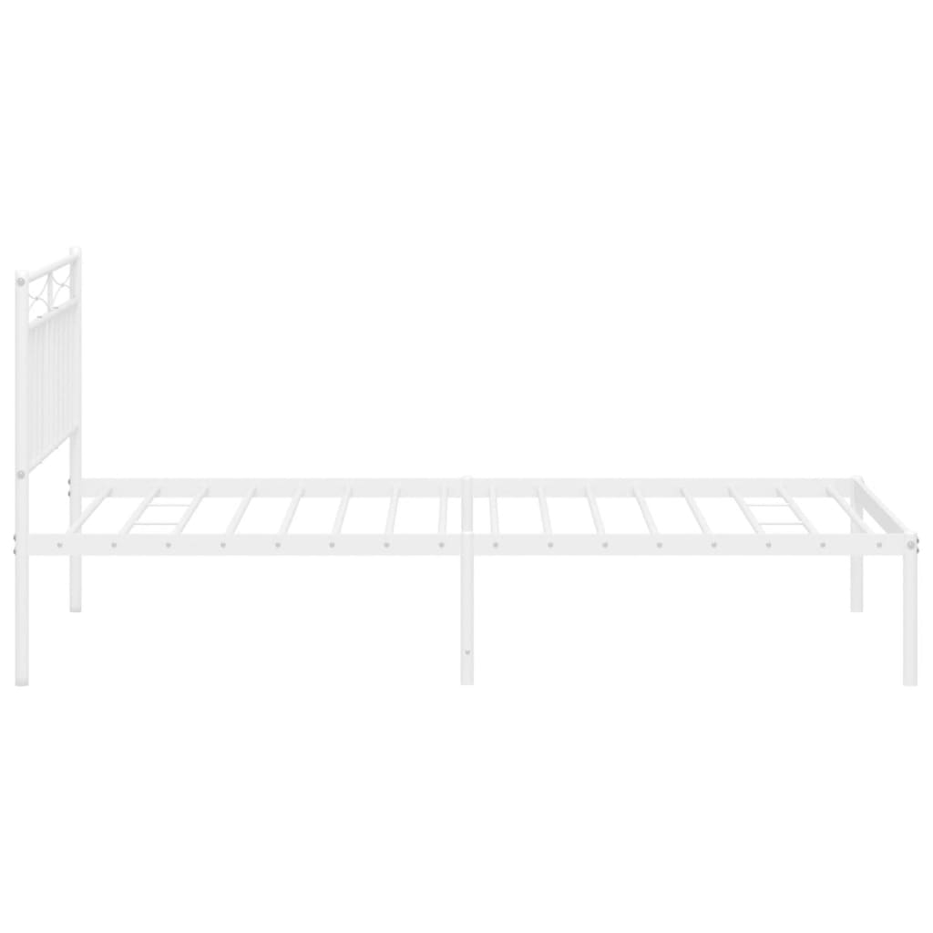 White metal bed frame with slatted base and decorative headboard