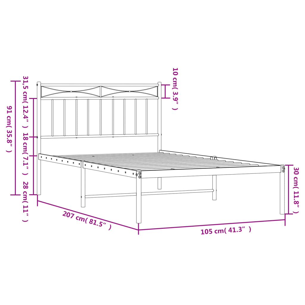 White metal bed frame with minimalist headboard and slatted base