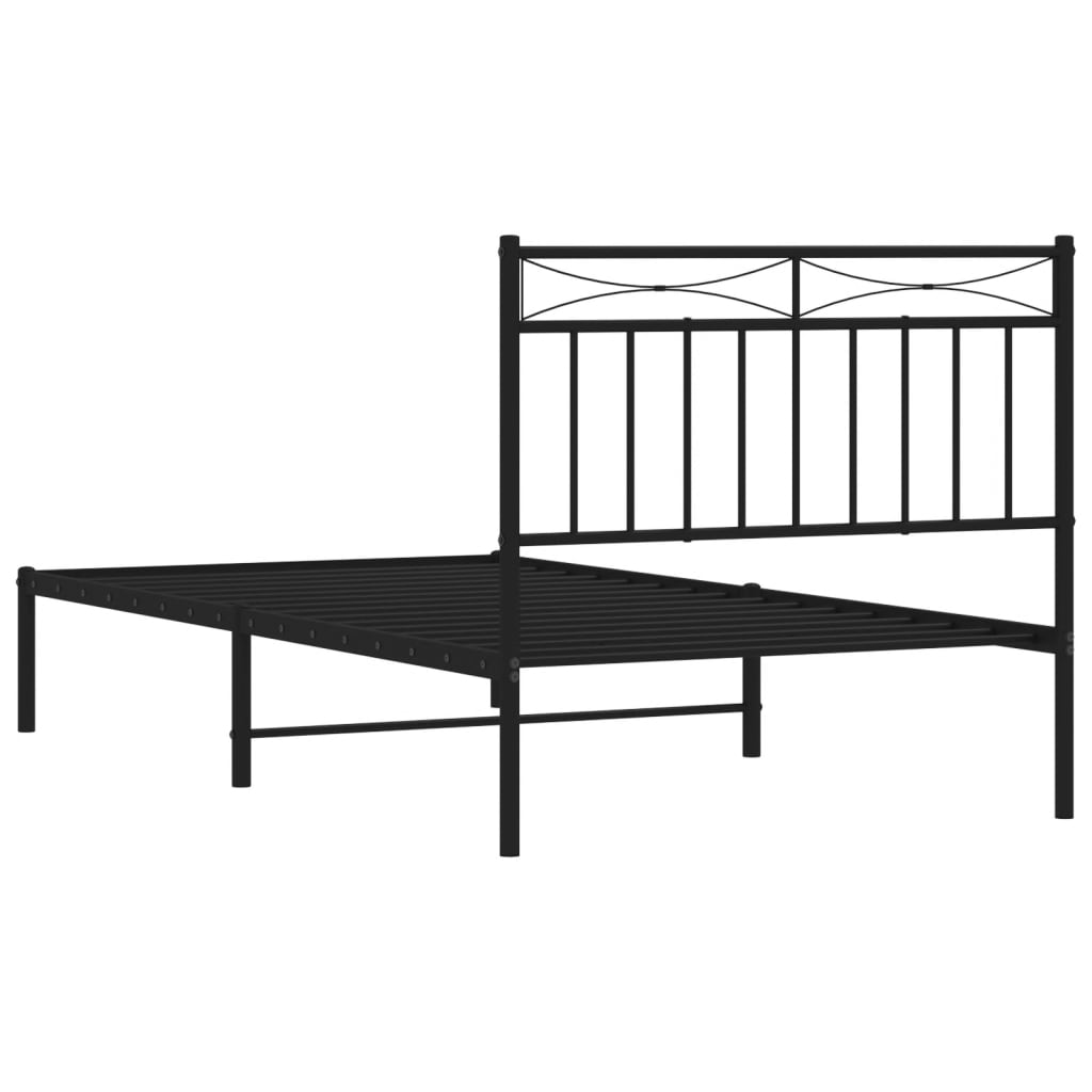 Black metal bed frame with a decorative headboard featuring horizontal lines and subtle curves