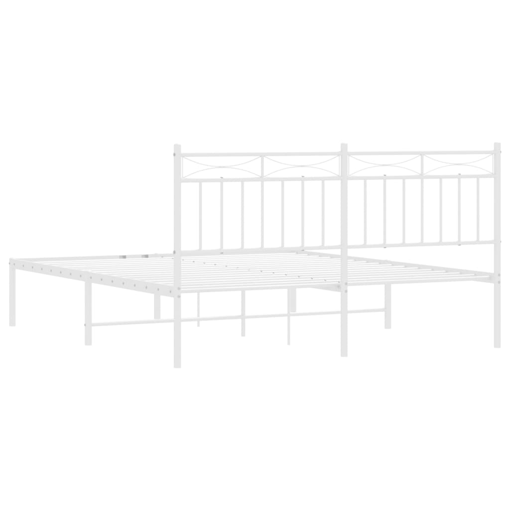 White metal bed frame with decorative headboard detail