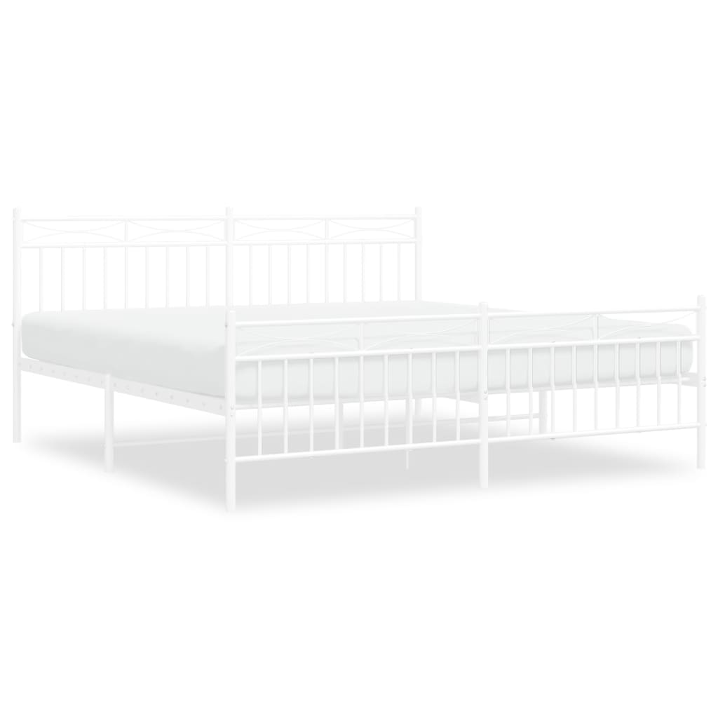 White metal bed frame with ornate headboard and footboard shown with dimensions