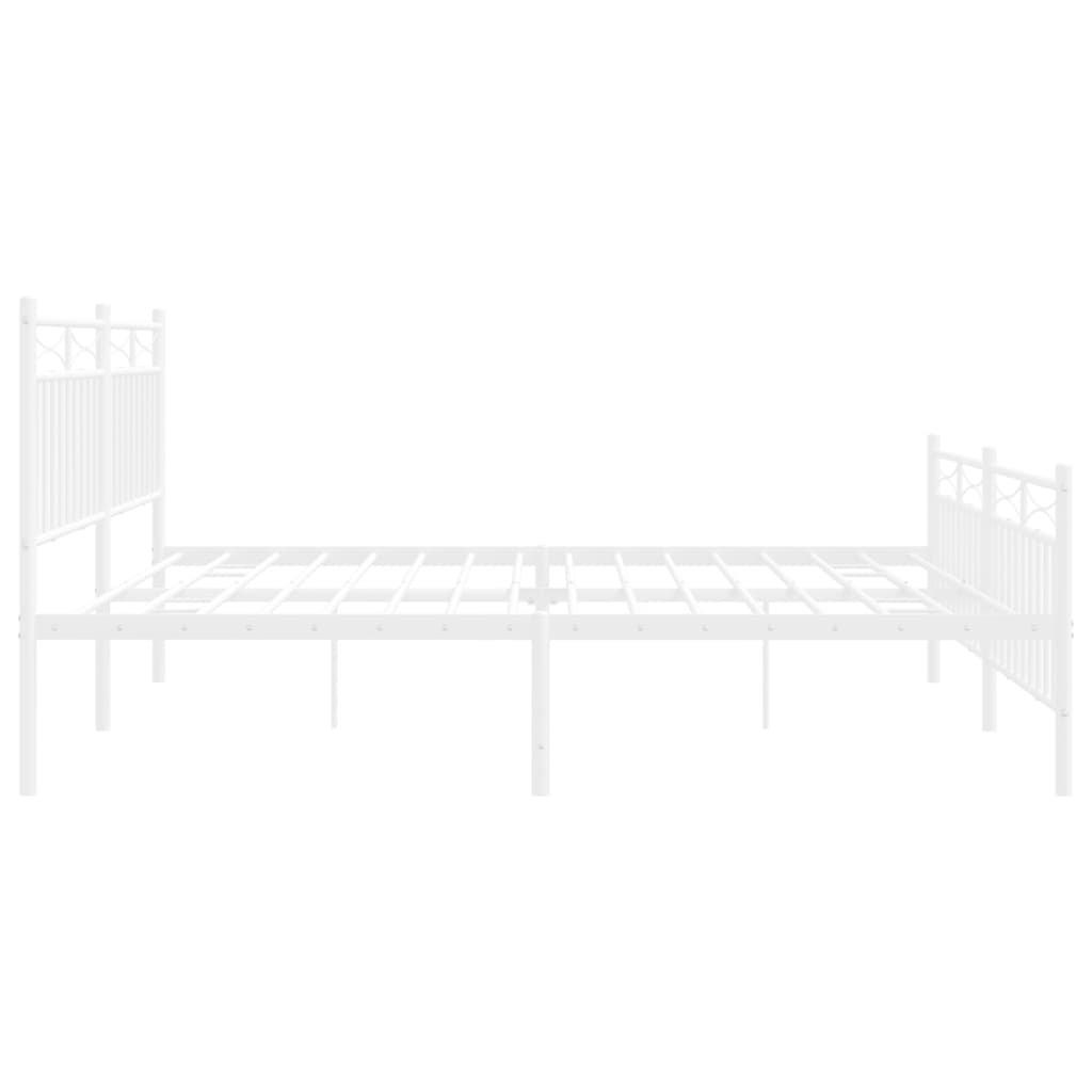 White metal bed frame with slatted base and ornate headboard