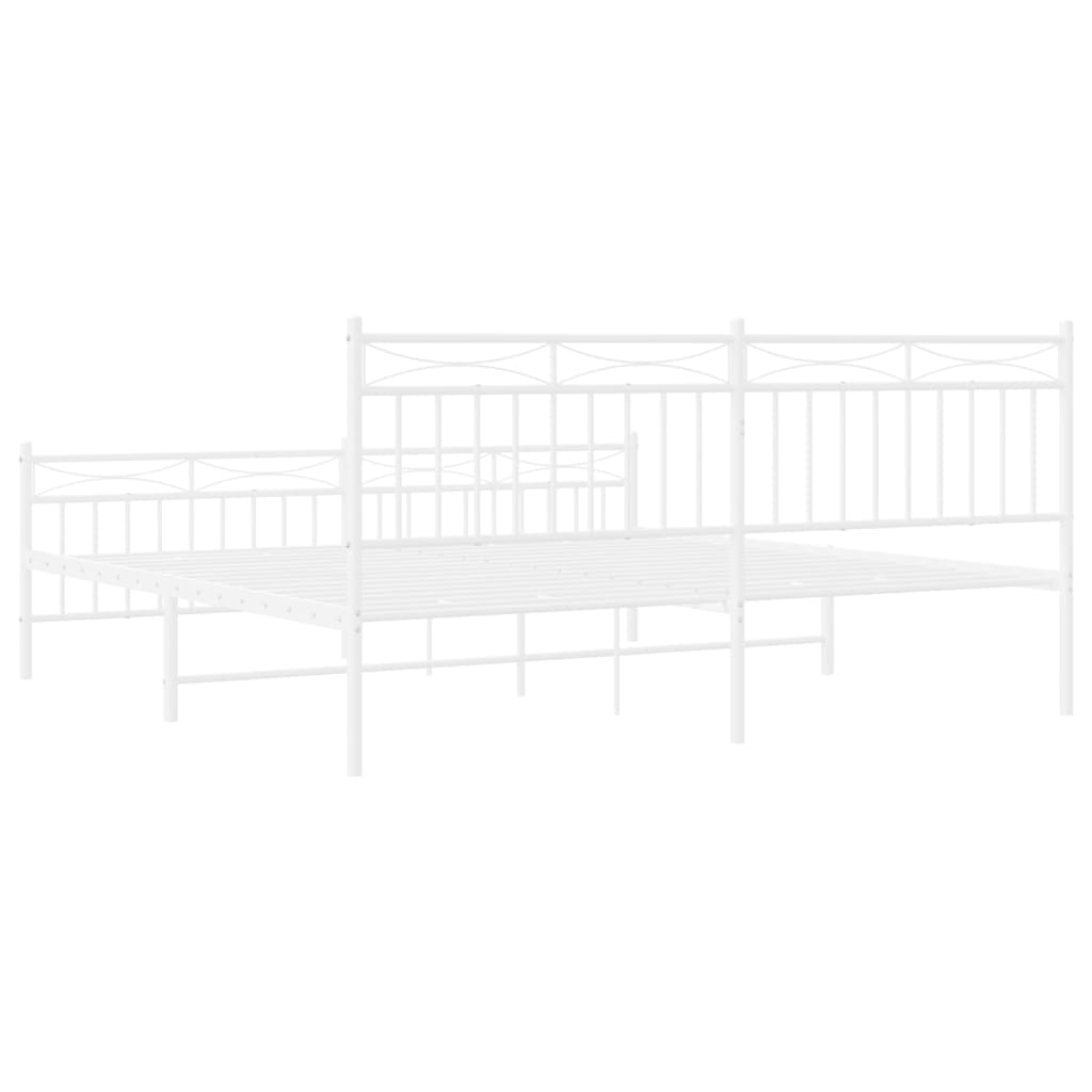 White metal bed frame with ornamental headboard and footboard