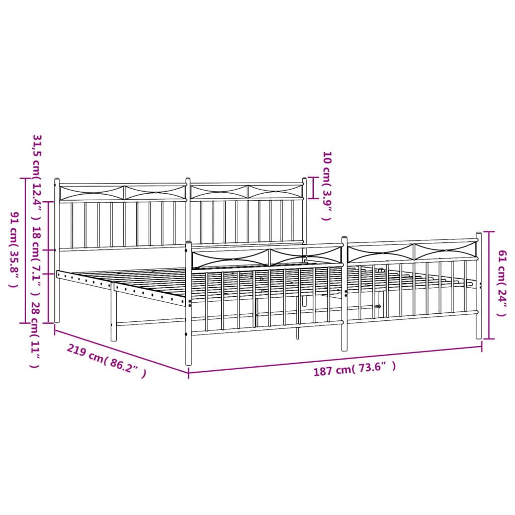 White metal bed frame with decorative headboard and footboard
