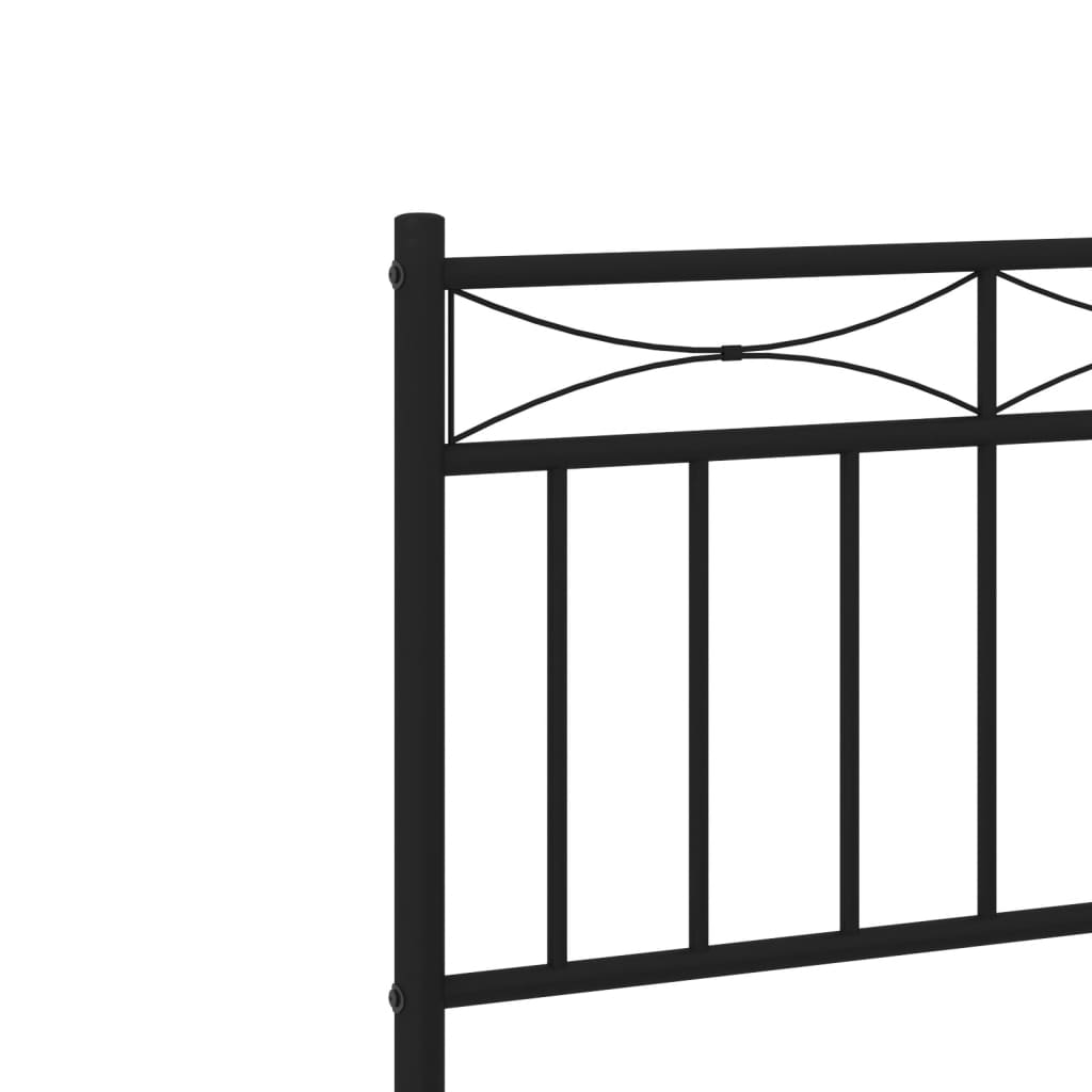 Black metal platform bed frame with a decorative headboard and sturdy support slats