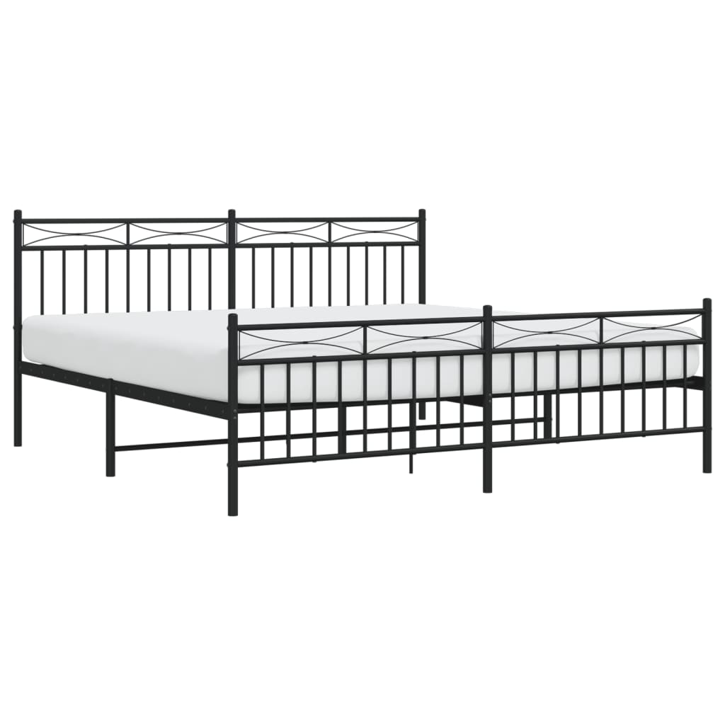 Black metal bed frame with decorative headboard and footboard queen size
