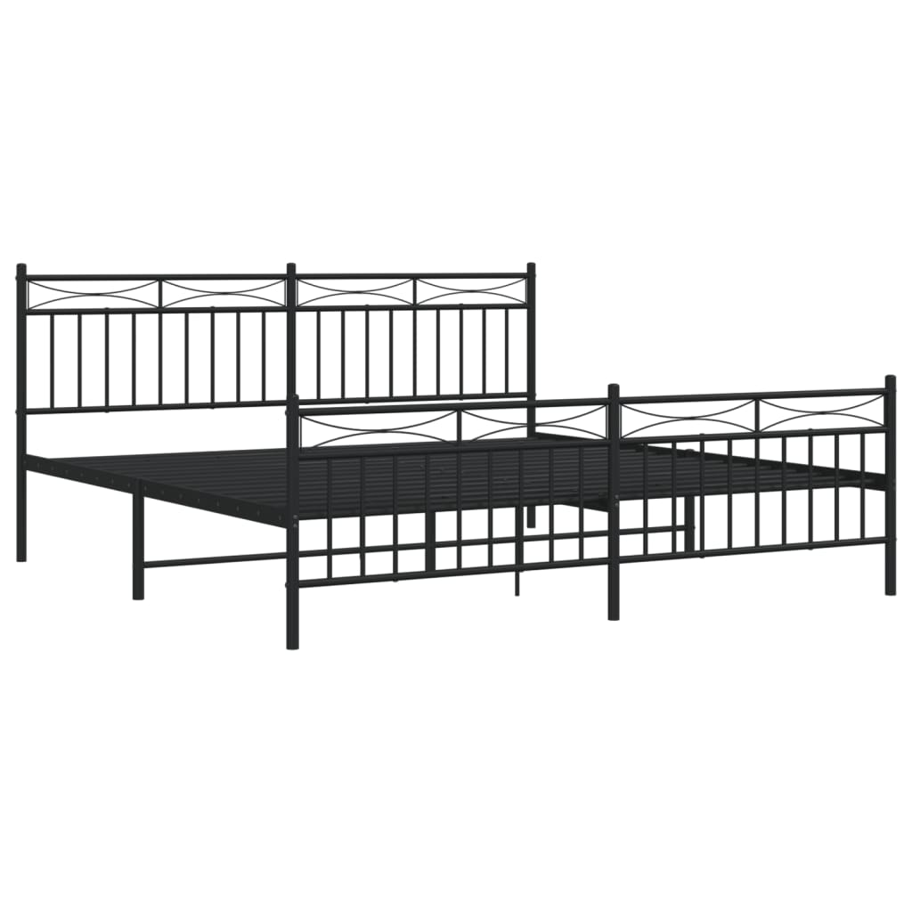 Black metal platform bed frame with decorative headboard and footboard