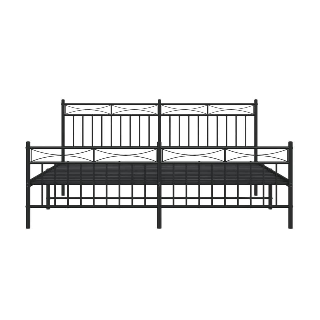 Black metal bed frame with ornate headboard and footboard