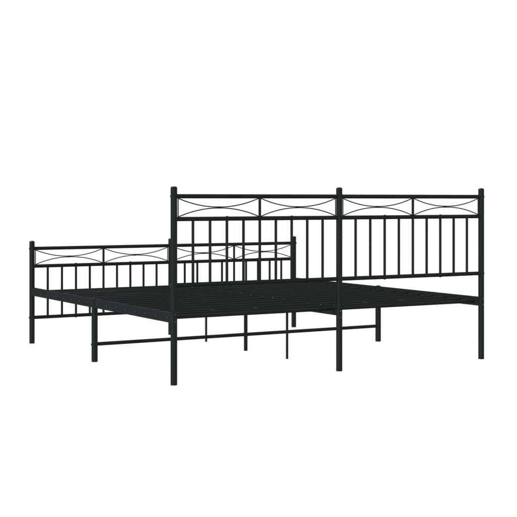 Black metal platform bed frame with ornate headboard and footboard