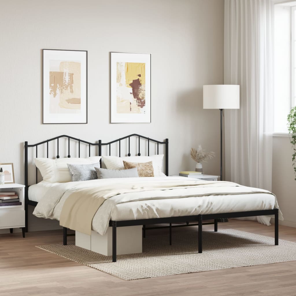Black metal platform bed frame with arched headboard and footboard queen size