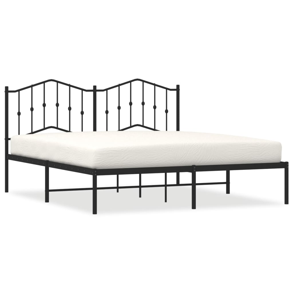 Metal bed frame with ornate headboard and detailed dimensions