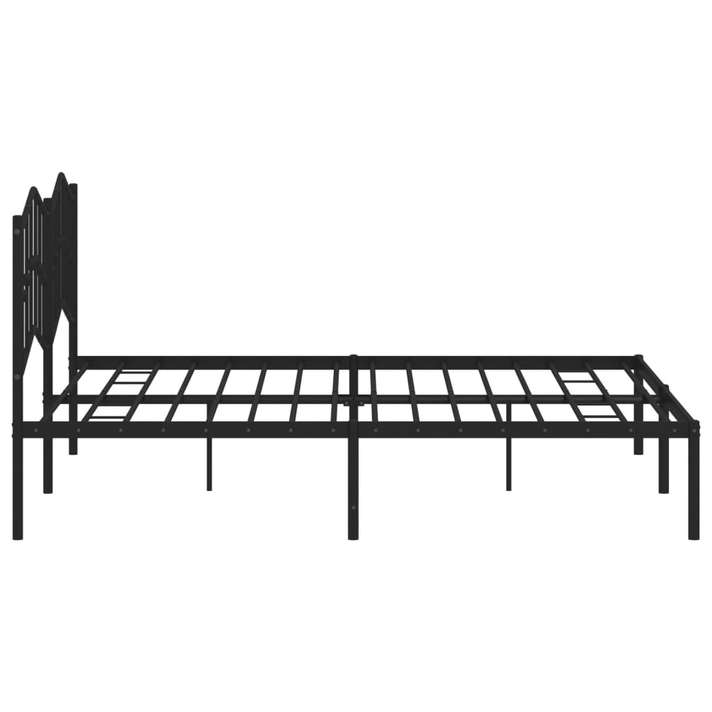 Black metal bed frame with ornate headboard and supportive slats
