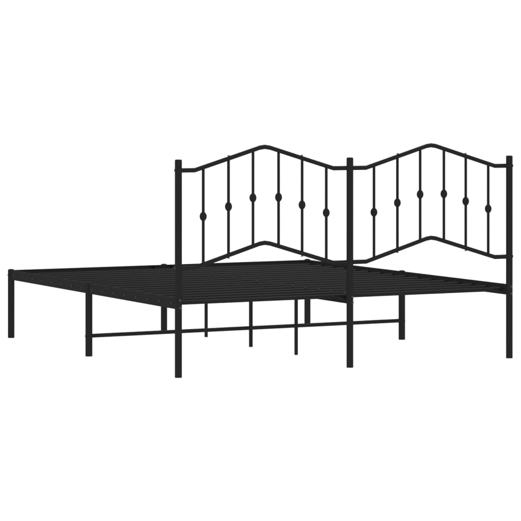 Black metal bed frame with decorative headboard and slatted base
