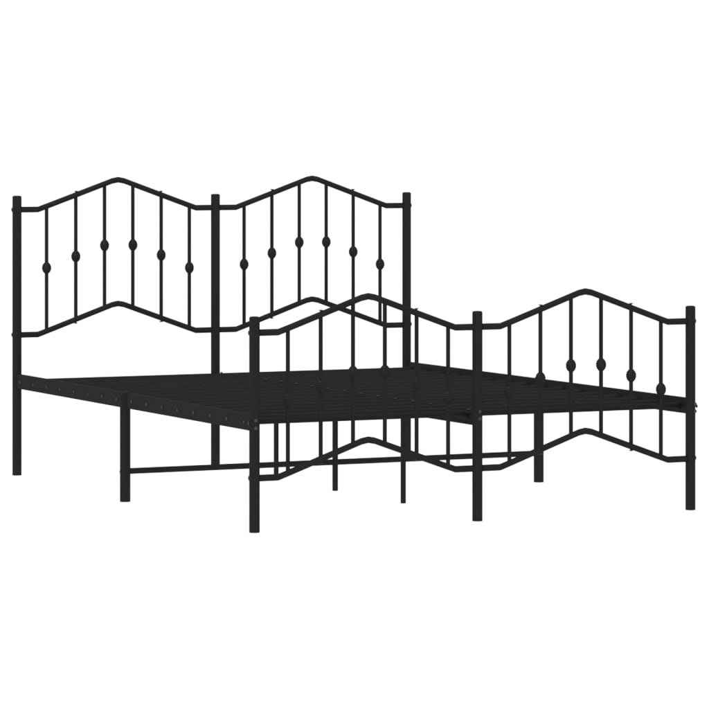 Dark grey metal queen bed frame with ornamental headboard and footboard