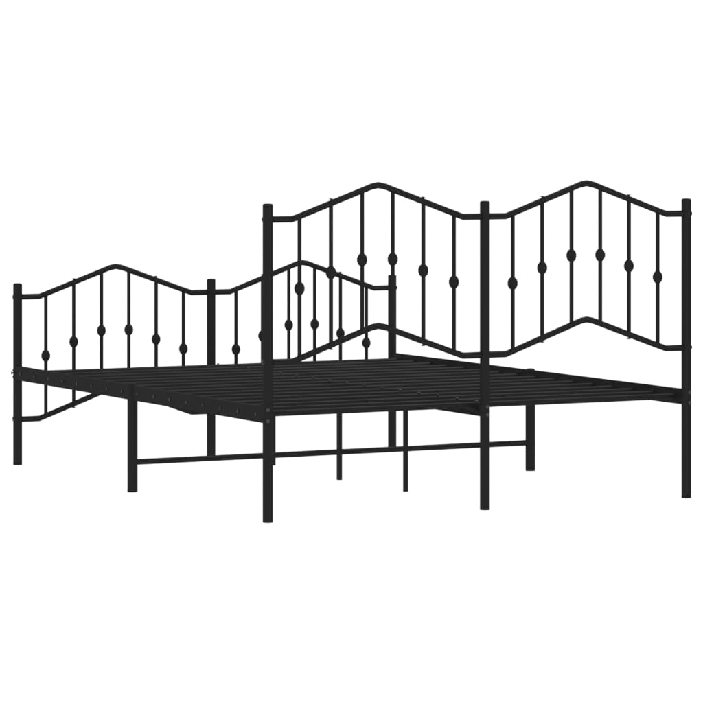 Black metal bed frame with ornate scrolled headboard and footboard