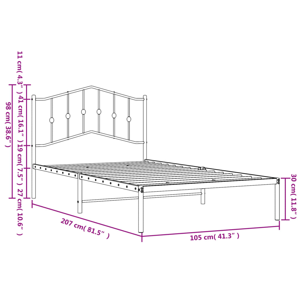White metal bed frame with ornate headboard and slatted base