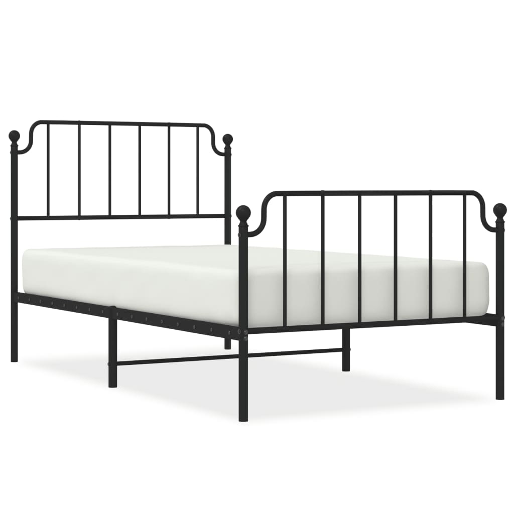 Line drawing of a white metal bed frame with dimensions indicated