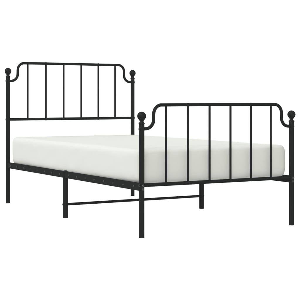 Black metal platform bed with vertical slats and a white mattress