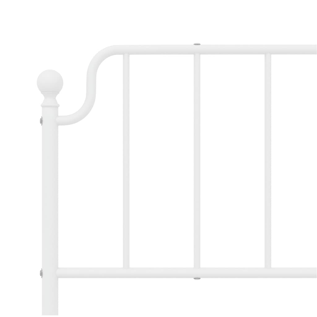 White metal bed frame with a slatted base and decorative headboard