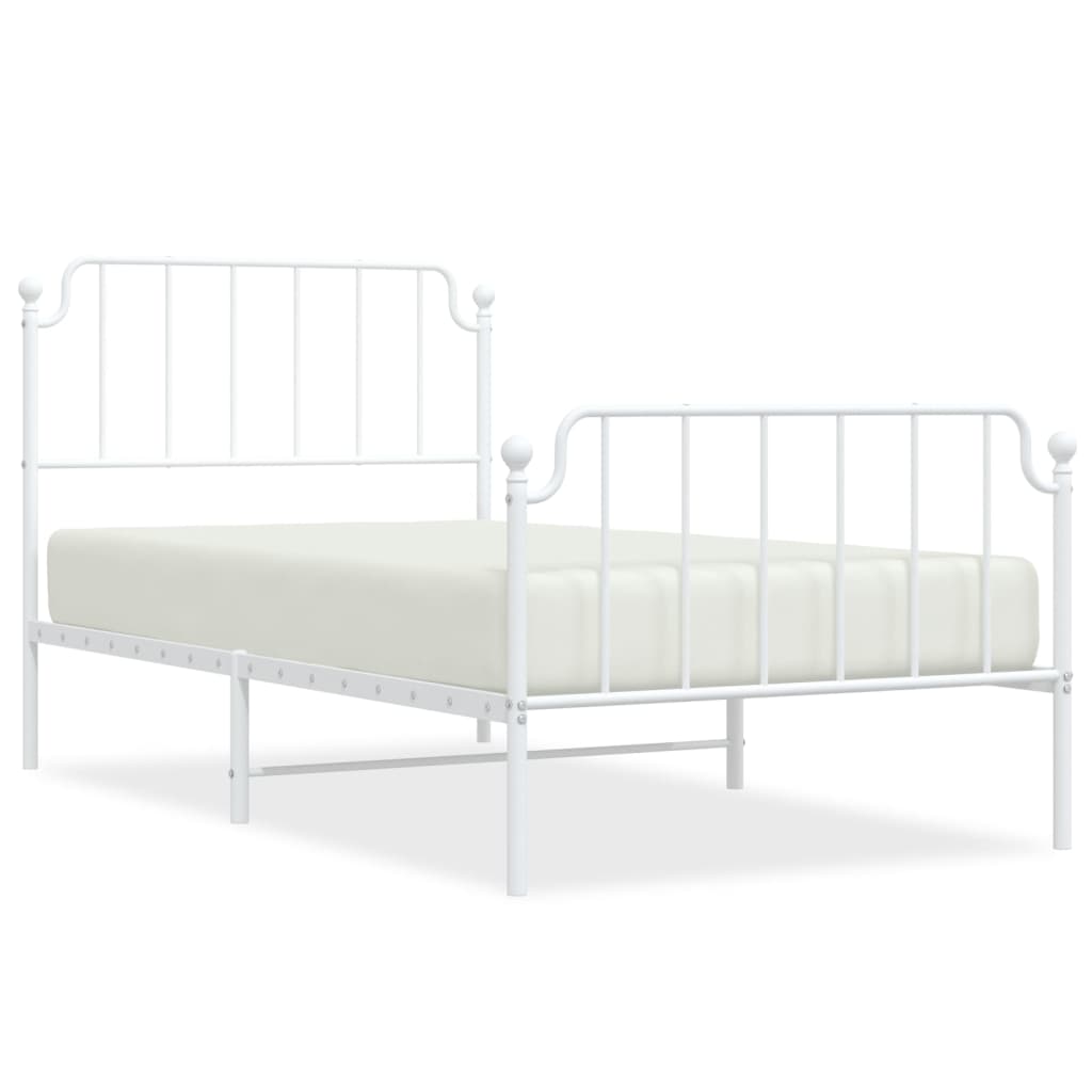 White metal bed frame with decorative headboard and footboard showing dimensions