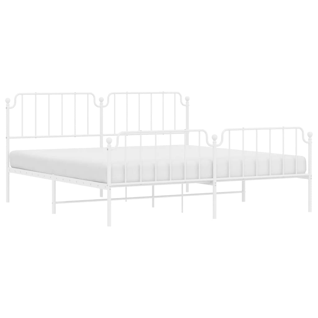 White metal bed frame with ornate headboard and footboard