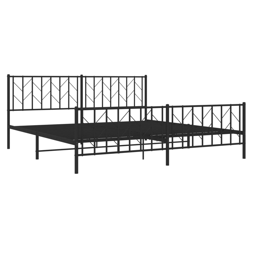 Black metal bed frame with geometric headboard and black and white patterned bedding