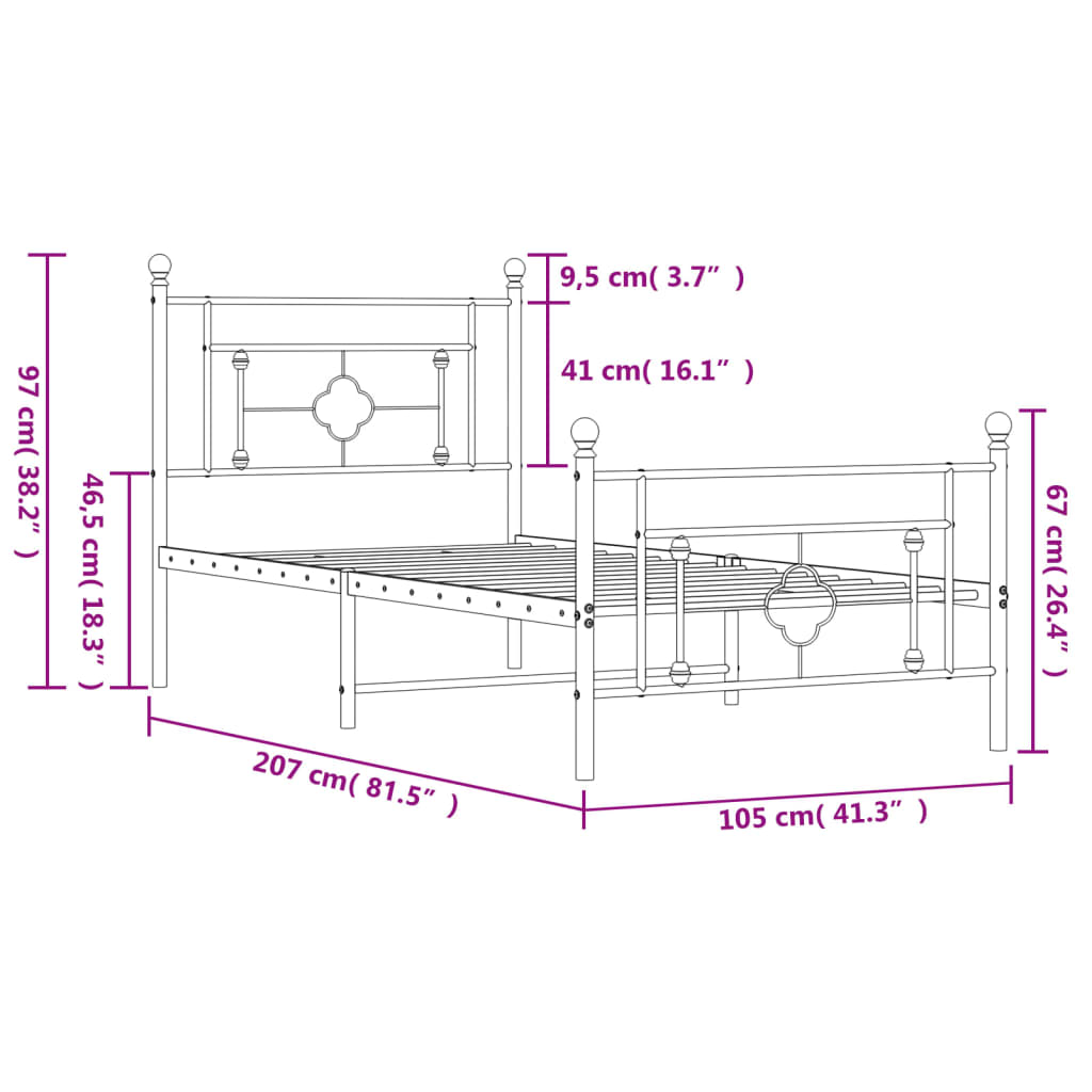 Closeup of black metal bed frame support post and horizontal slats