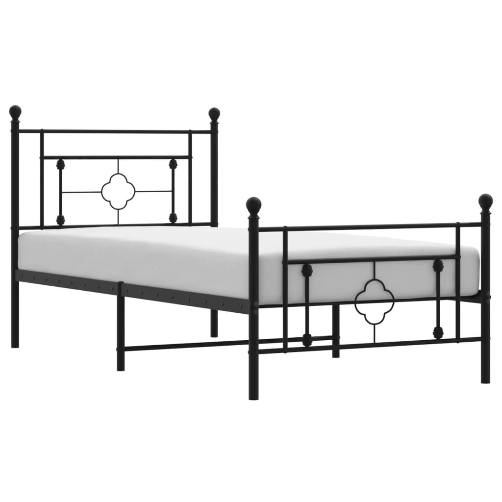 Line drawing of a white metal bed frame with dimensions labeled for height width and depth
