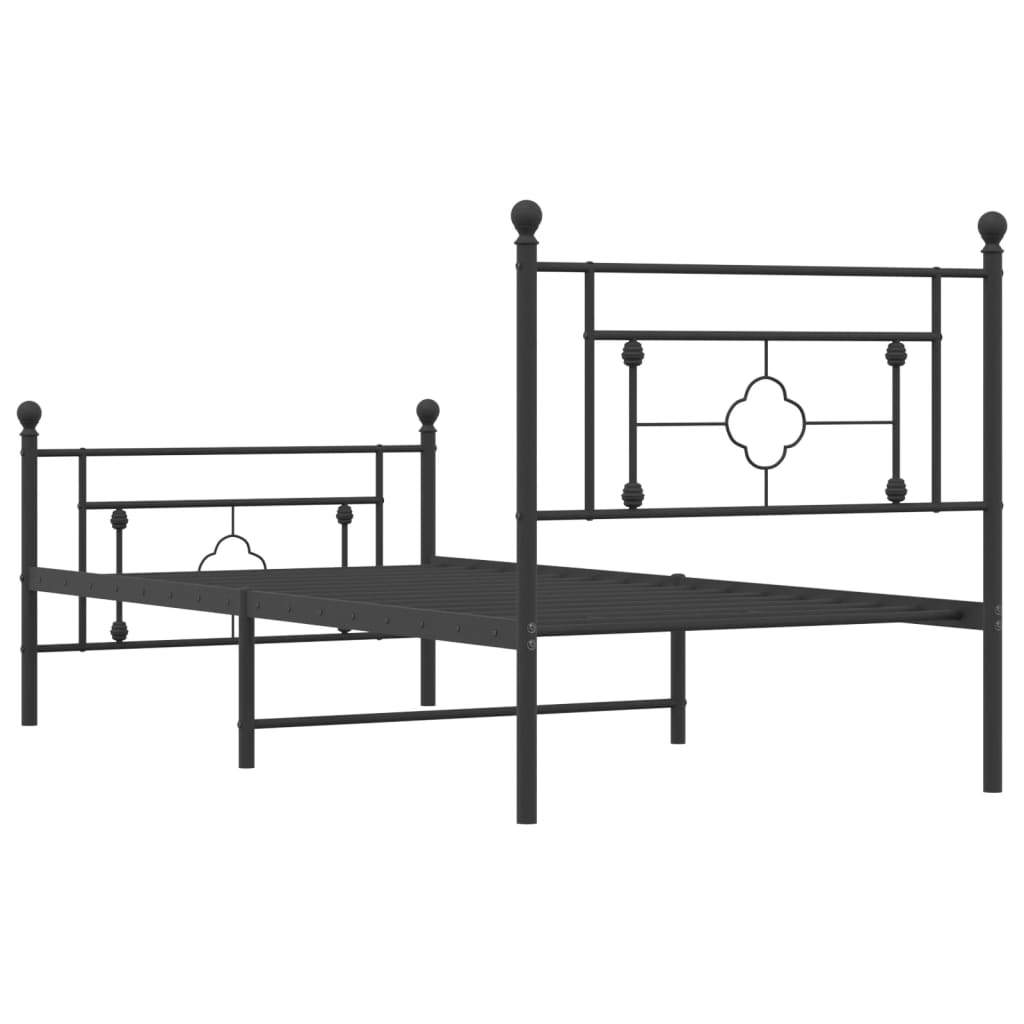 Black metal bed frame with decorative clover motif headboard