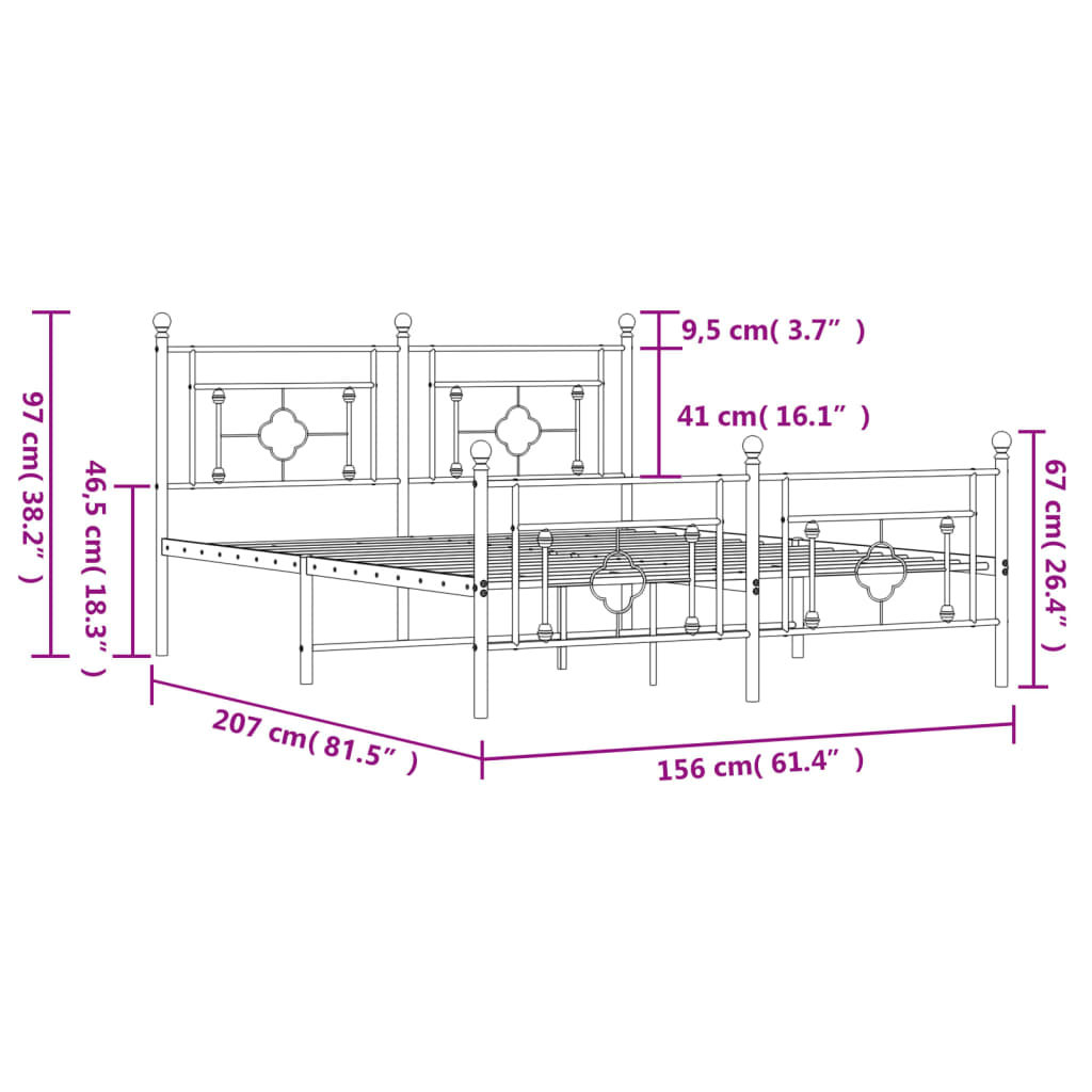 Black metal bed frame support structure with rounded horizontal bars