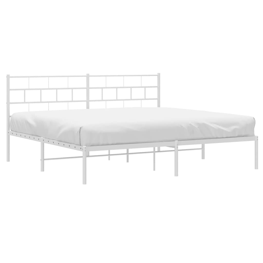 Modern white metal platform bed frame with a geometric headboard
