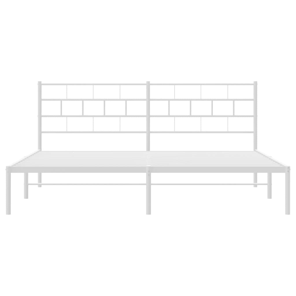 White metal queen bed frame with a squared headboard design