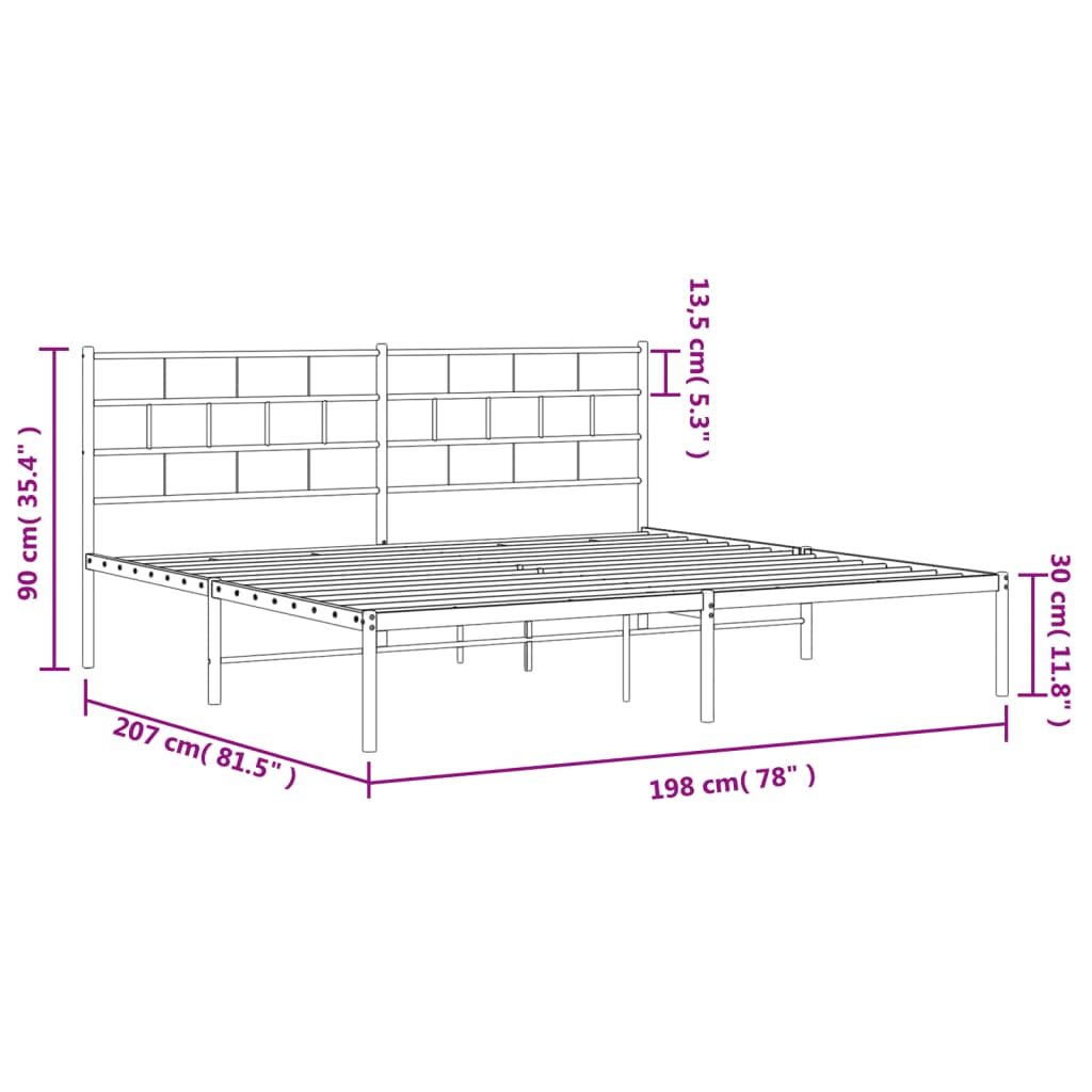 White metal platform bed frame with a grid headboard