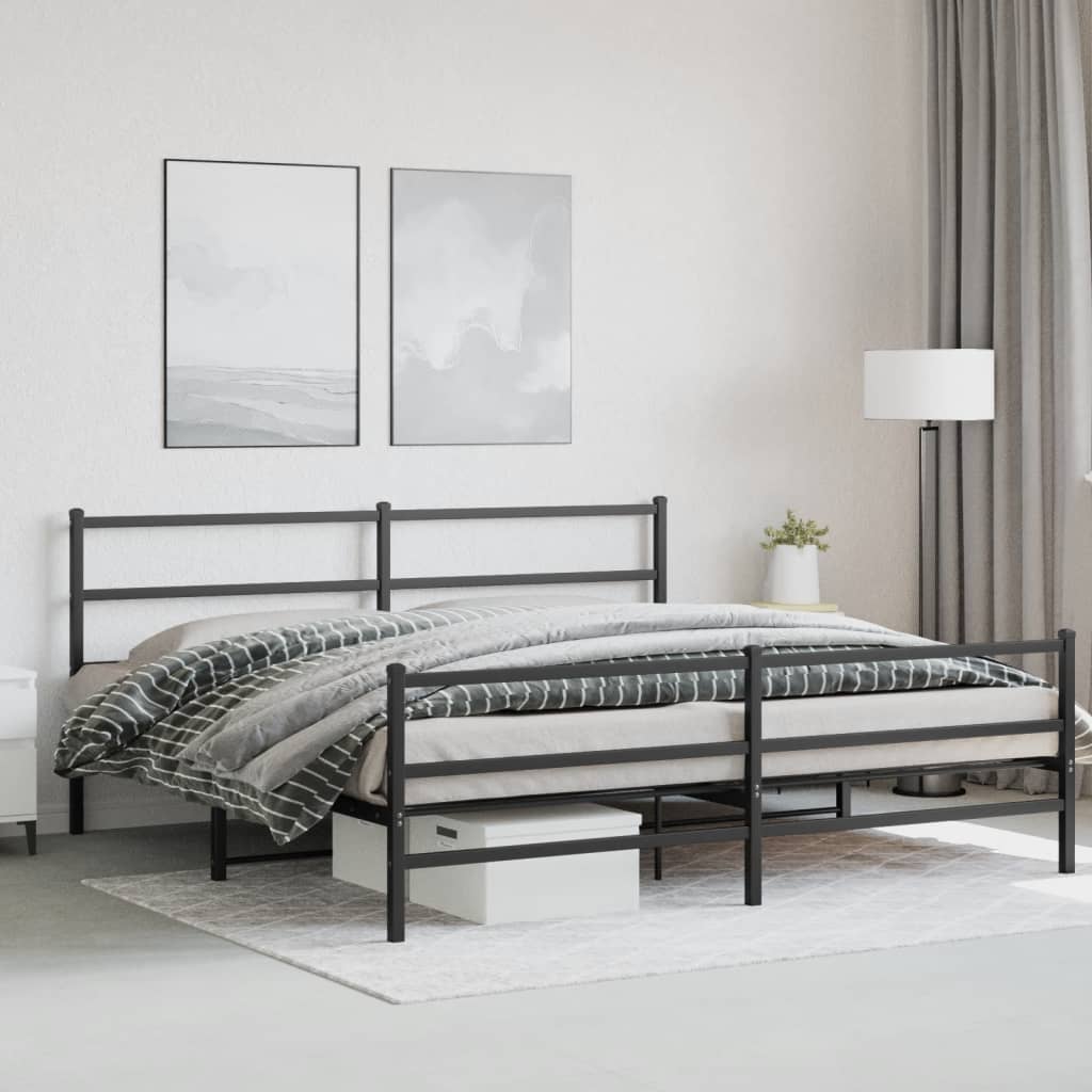 Minimalist black metal bed frame with a high headboard