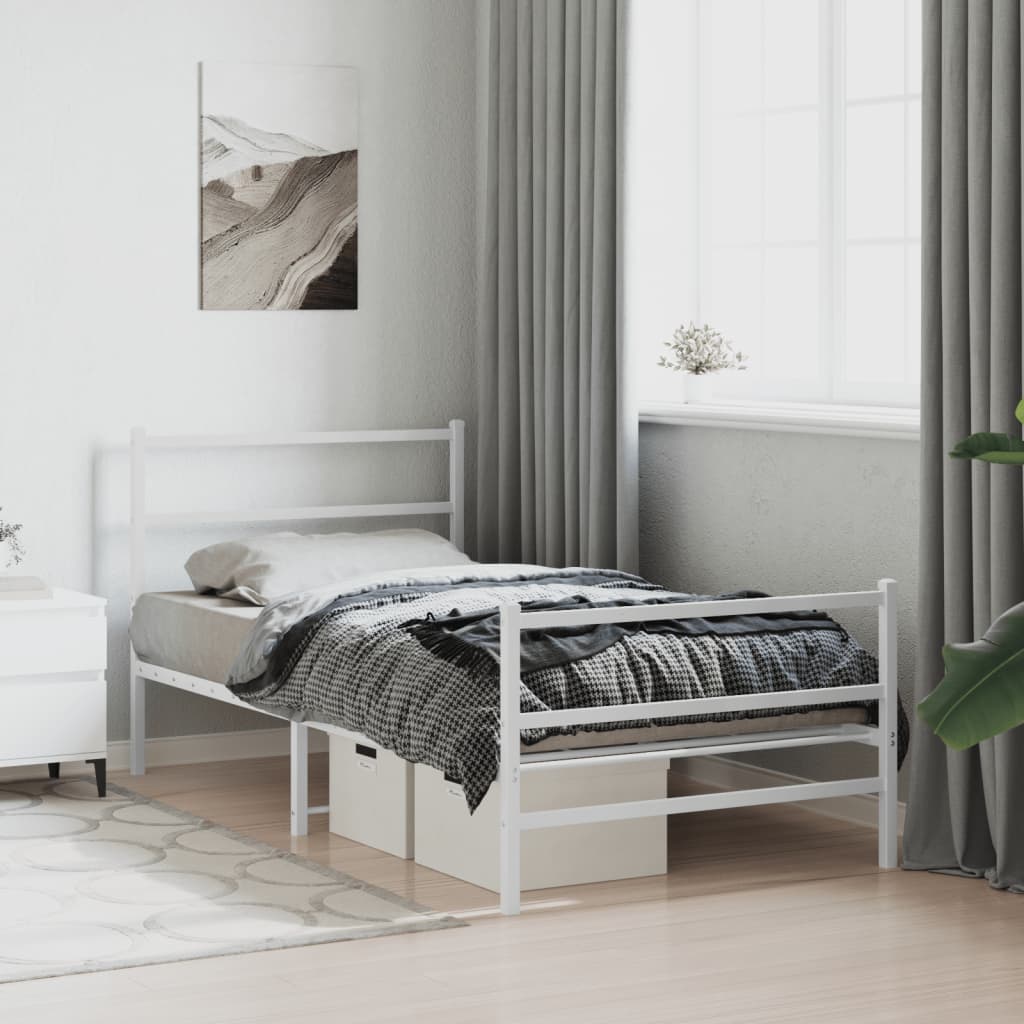 White metal single bed frame with storage drawers under mattress