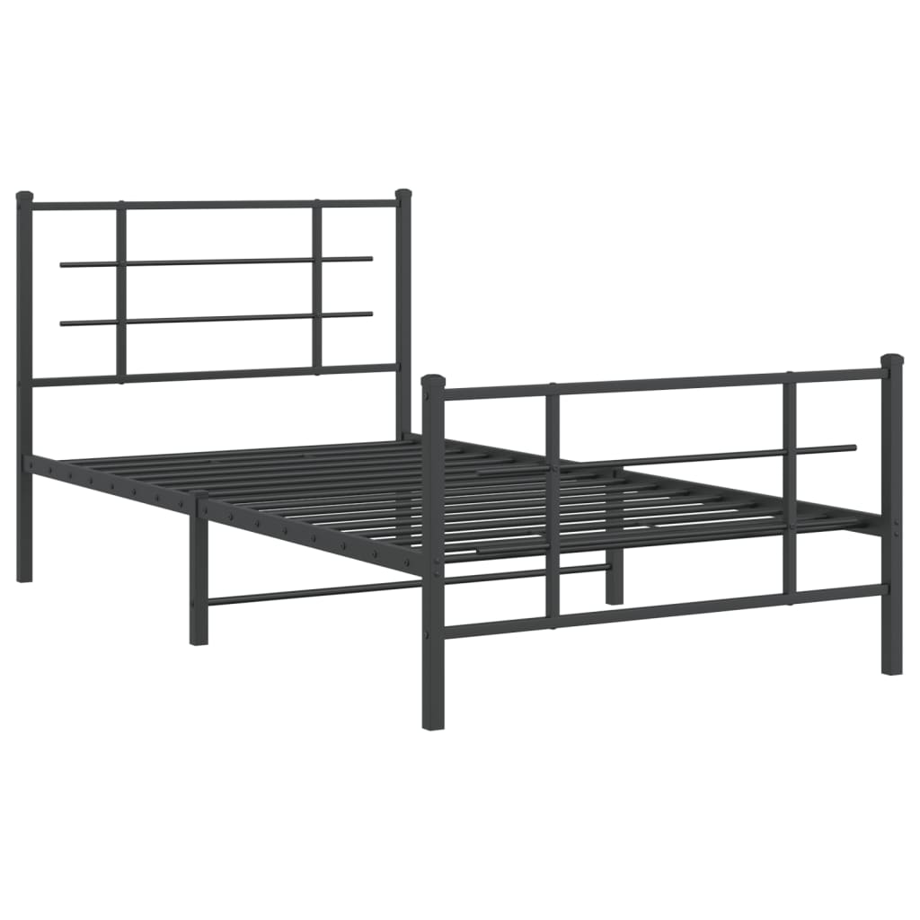 Modern dark grey metal twin bed frame with horizontally slatted headboard and footboard