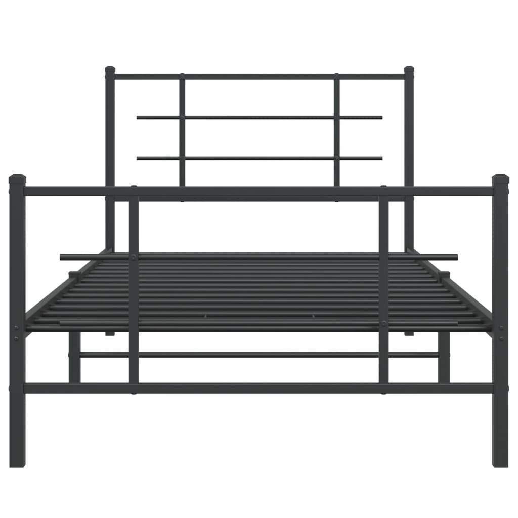 Modern black metal bed frame with a simple headboard and footboard