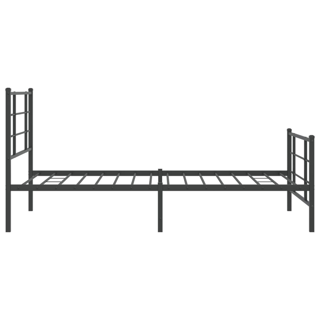 Black metal bed frame with a minimalist headboard and slatted platform