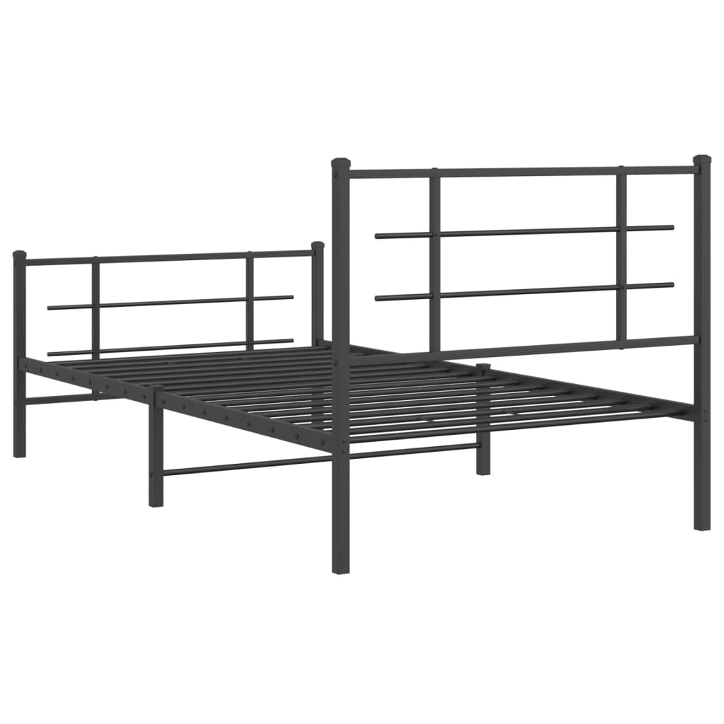 Dark gray metal twin bed frame with horizontal slats and a grid headboard
