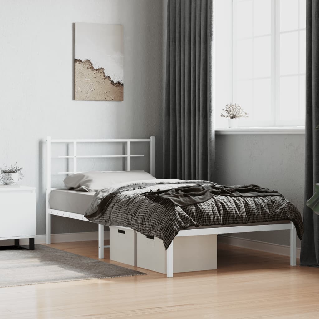 White metal twin bed frame with modern headboard and underbed storage
