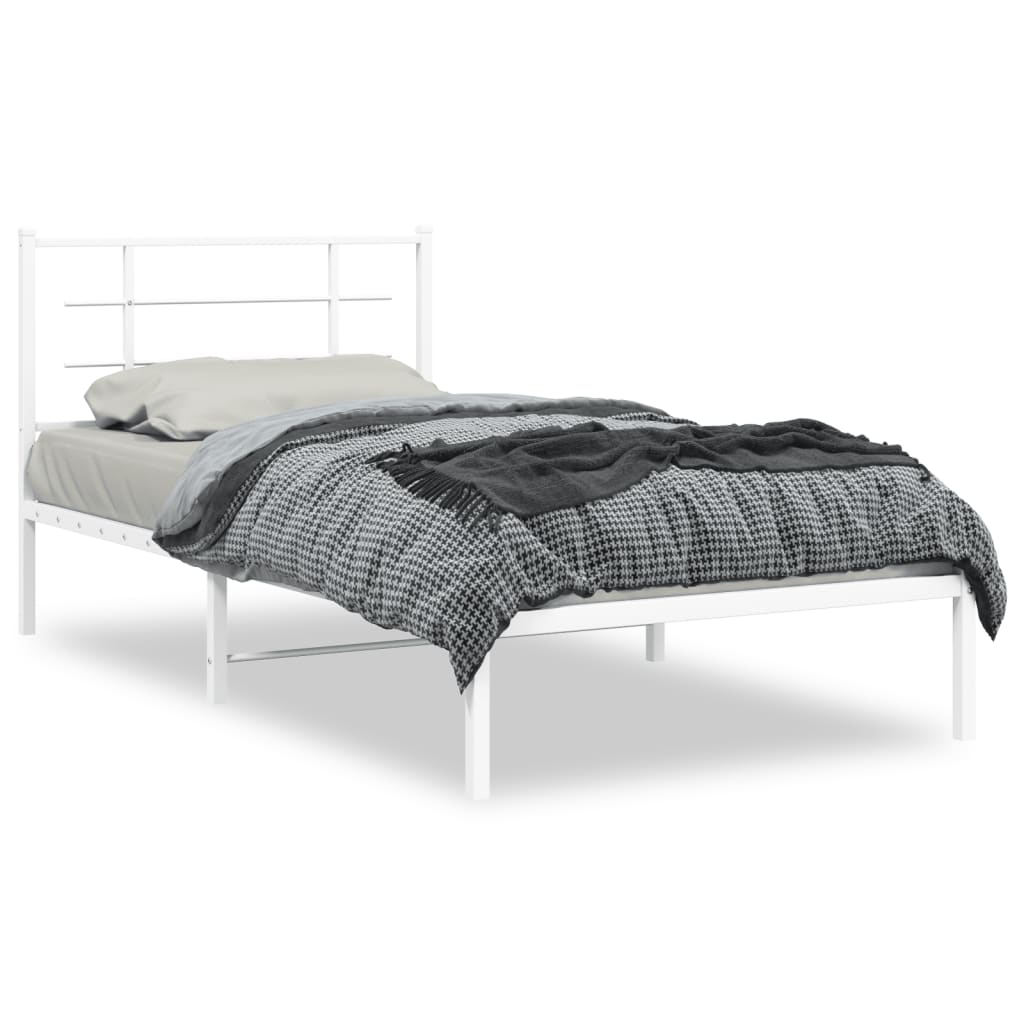 White metal single bed frame with slatted base and headboard dimensions shown