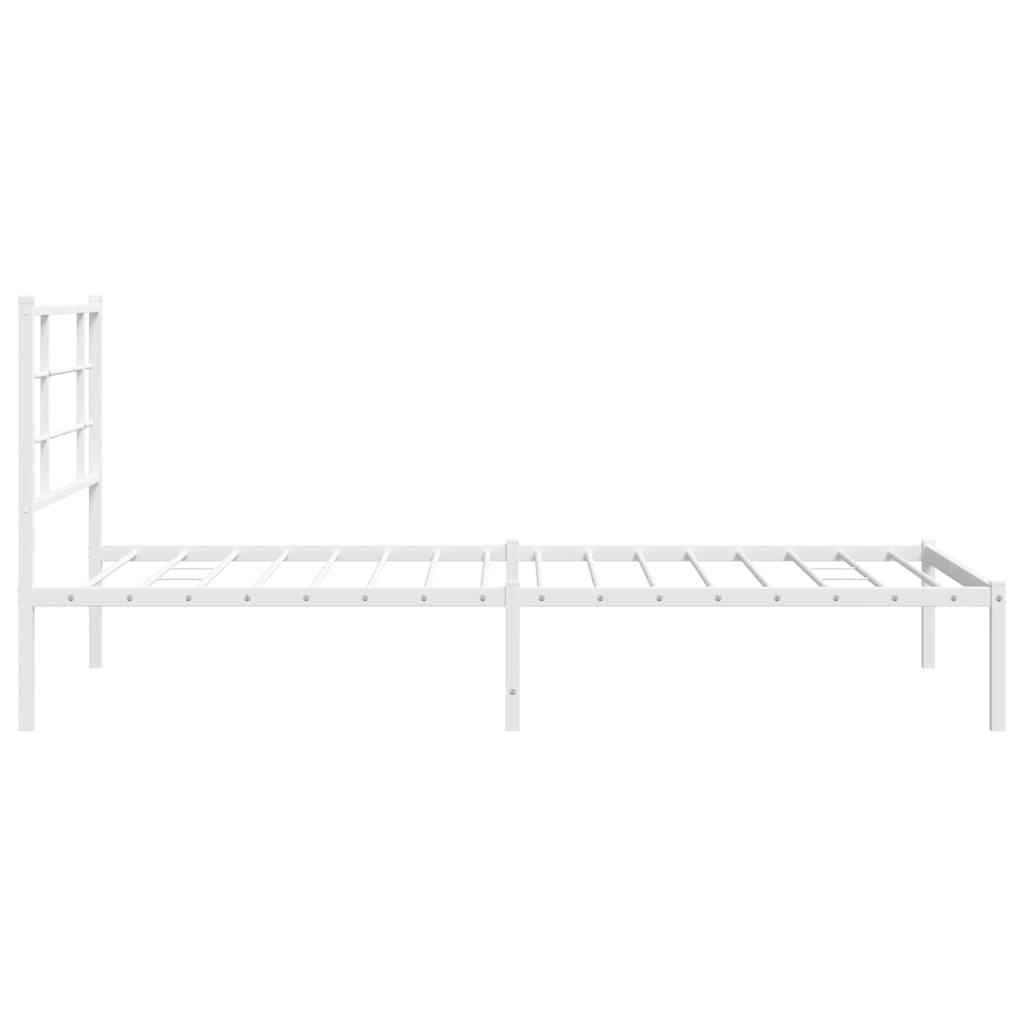 White metal bed frame with horizontal slats and a geometric headboard