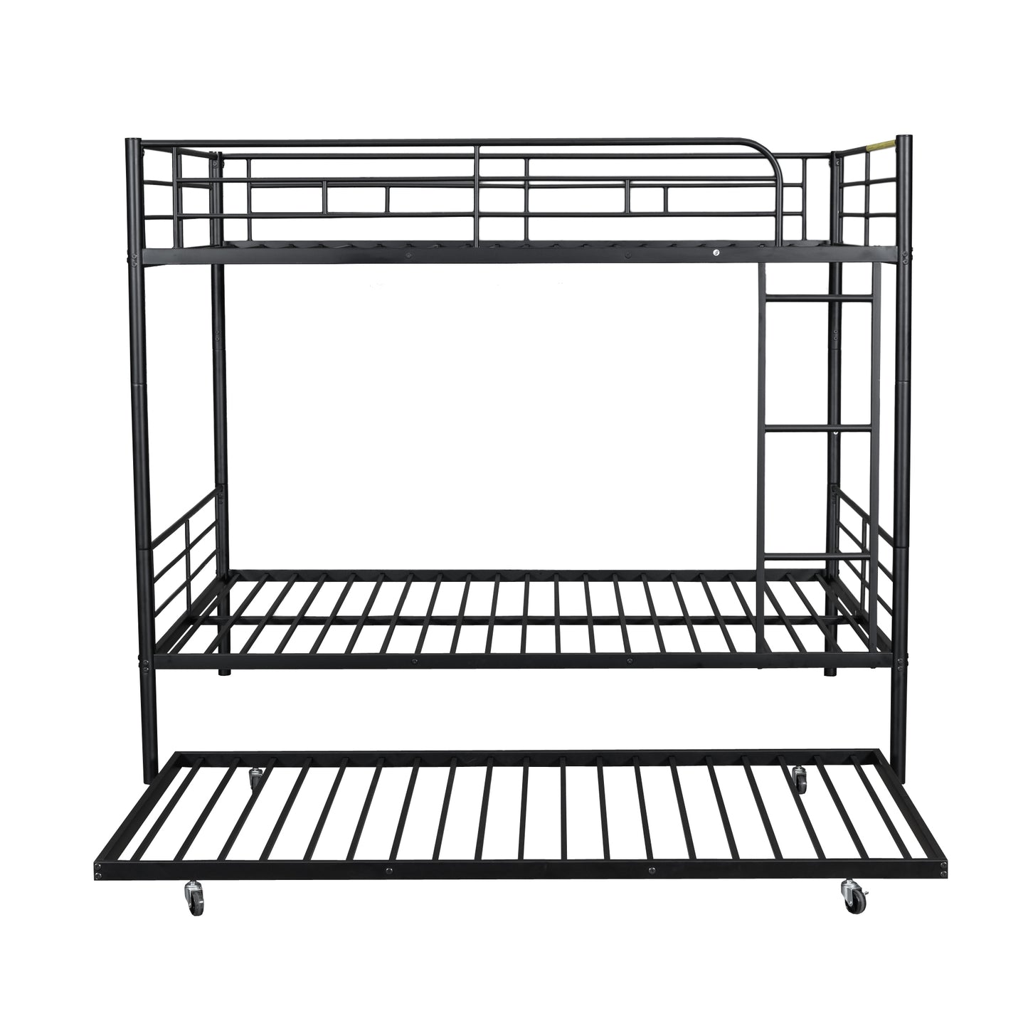 Black metal triple bunk bed with wheels