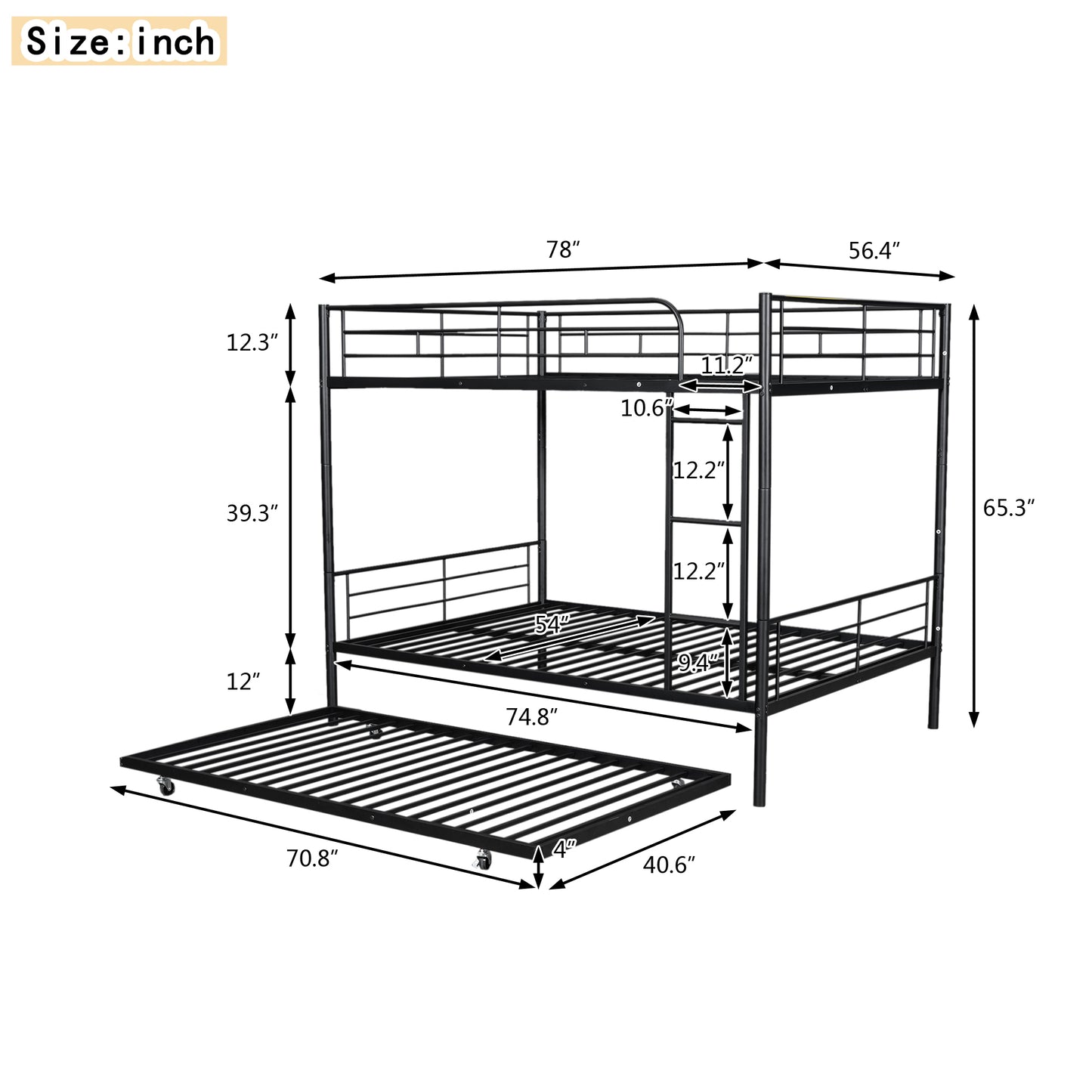 Black metal twin over twin bunk bed with pullout trundle