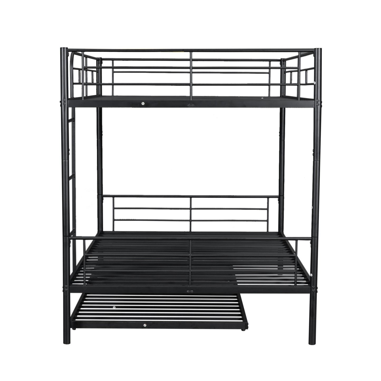 Black metal twin over twin bunk bed with pullout trundle
