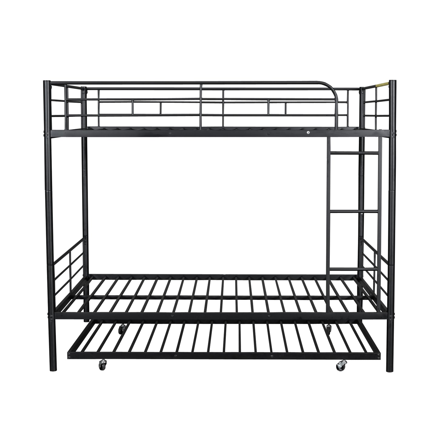 Black metal triple bunk bed with casters and ladder