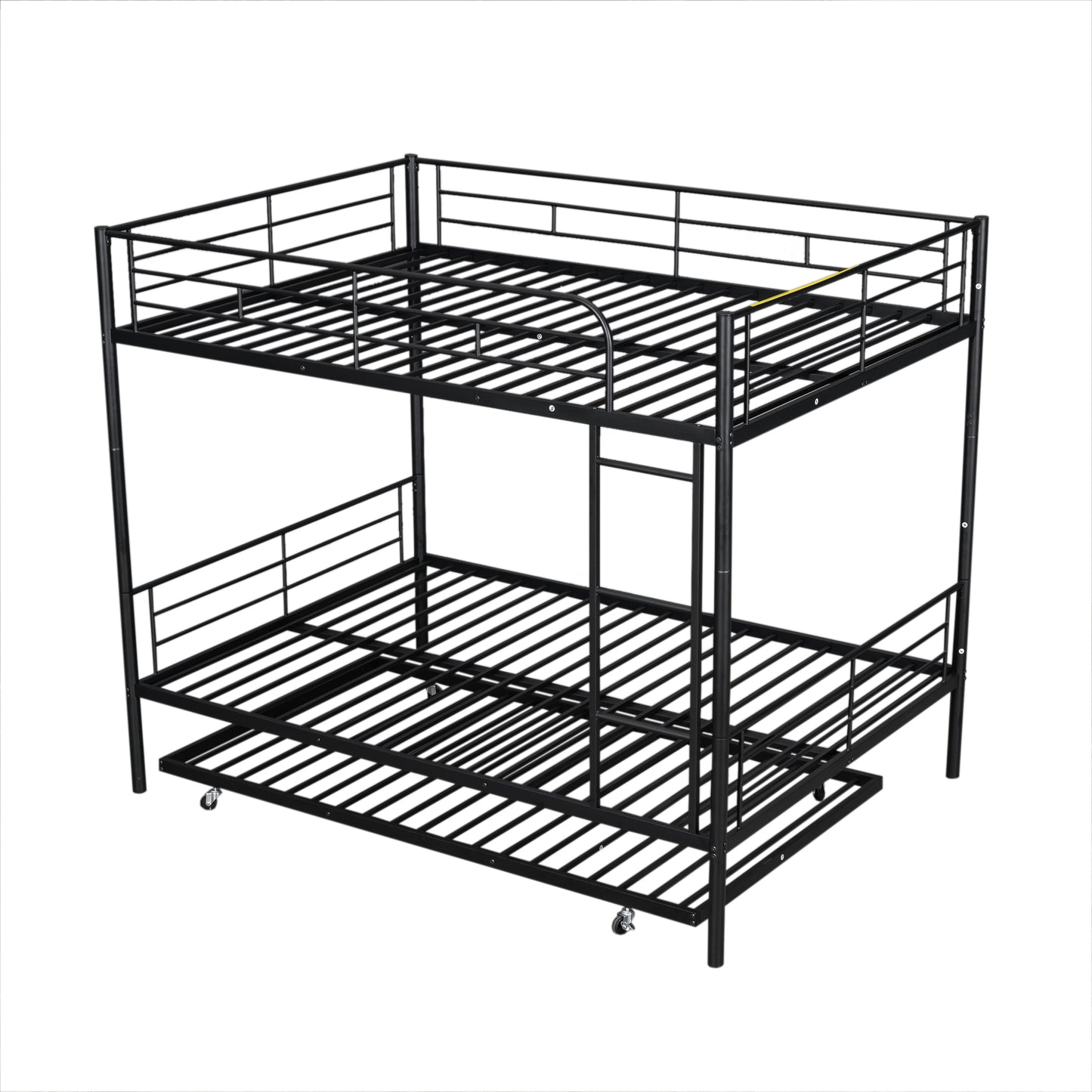 Black metal triple bunk bed with pullout trundle