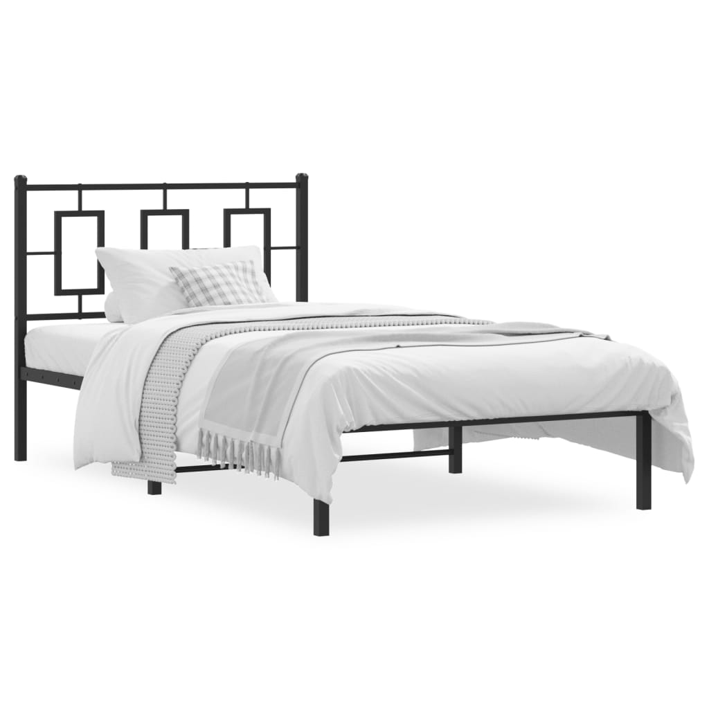 White metal twin bed frame with a modern headboard and slatted base