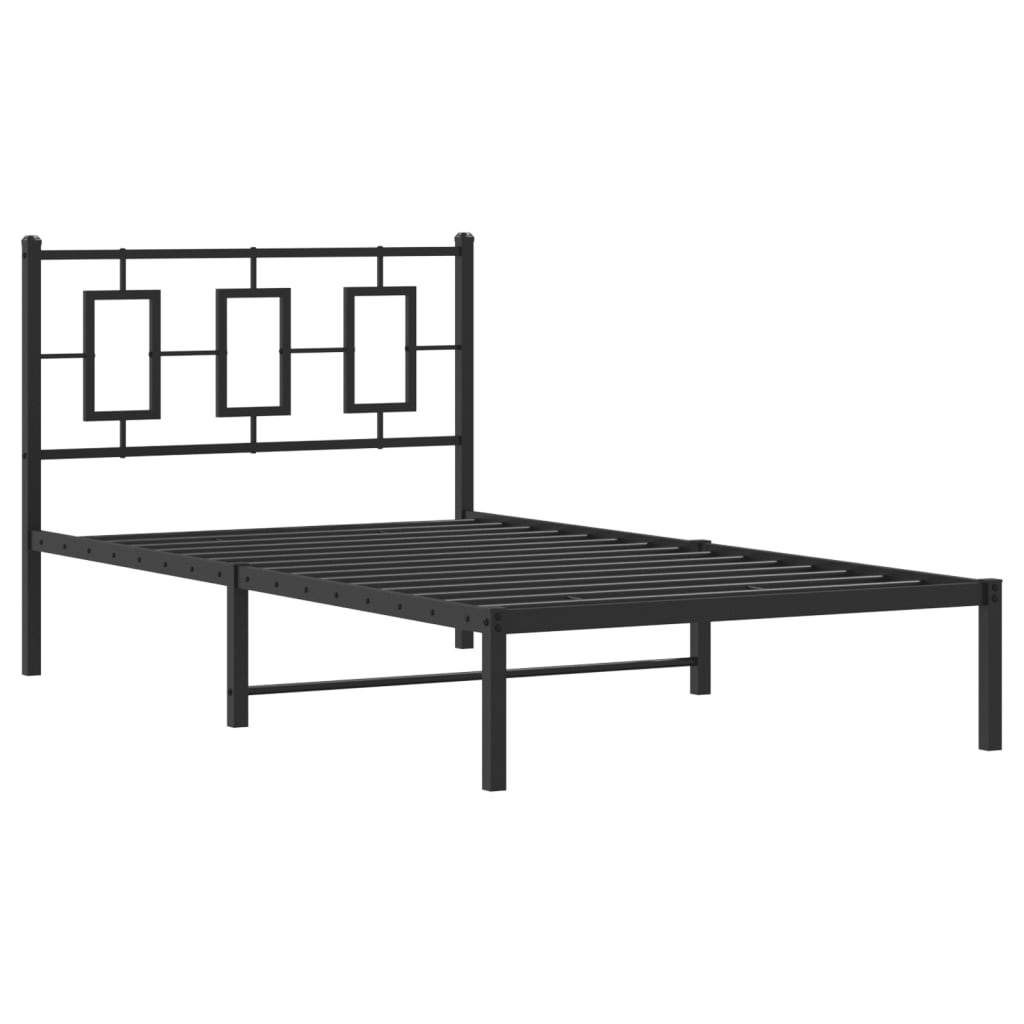 Black metal twin bed frame with modern geometric headboard